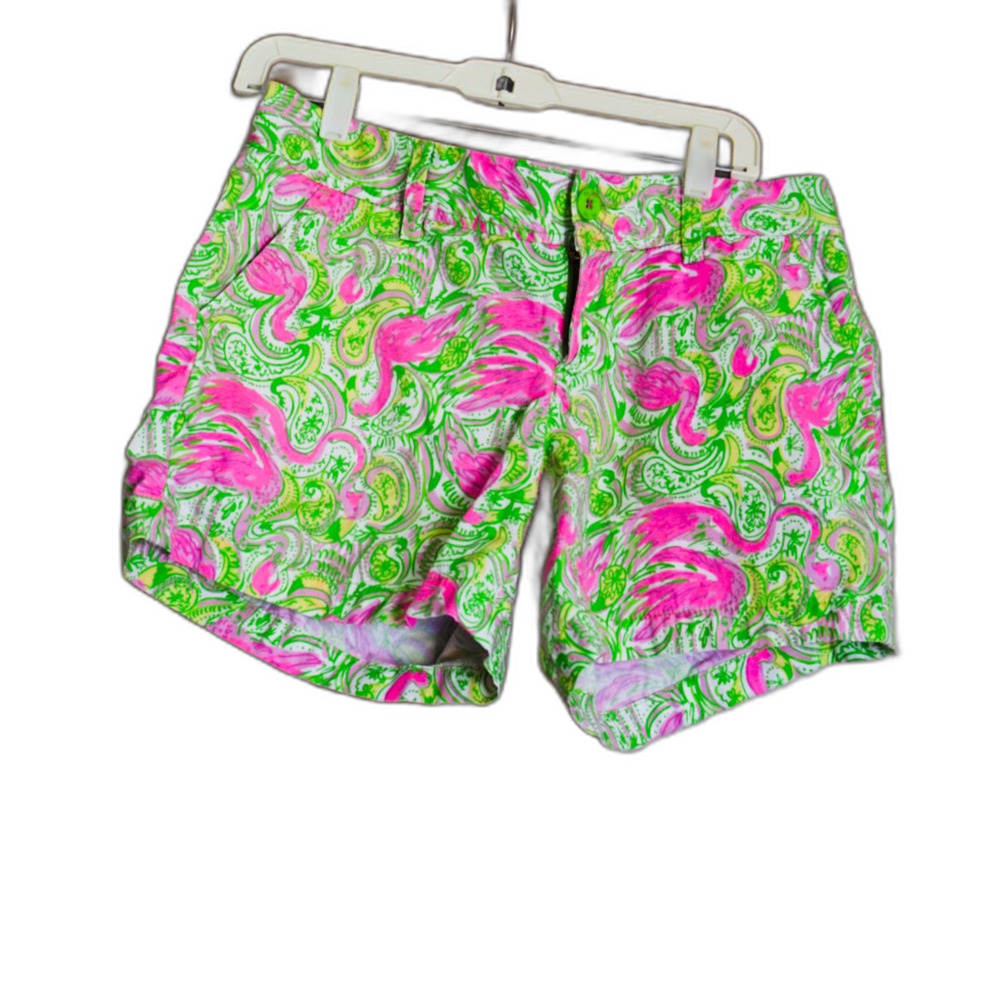 Lilly Pulizer Cahallan Shorts Size 8 Pink Colony Green Flamingo Print